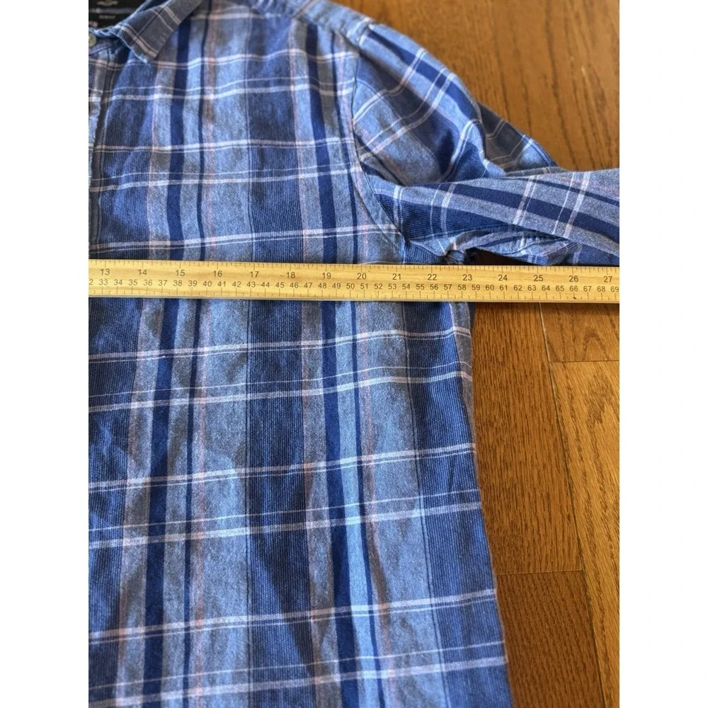Banana Republic Linen Blend Shirt Men Large Tall Slim Fit Blue Plaid Long Sleeve